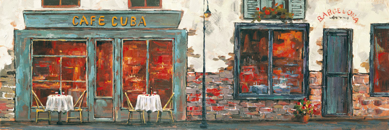 PXYW518 Wall décor art oil on canvas street scene cafe blue brown tones